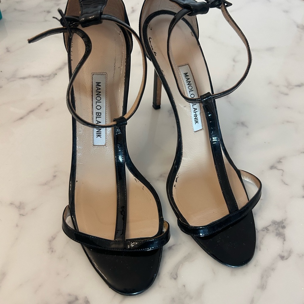 Manolo Blahnik Glossy Black T-Strap Heels